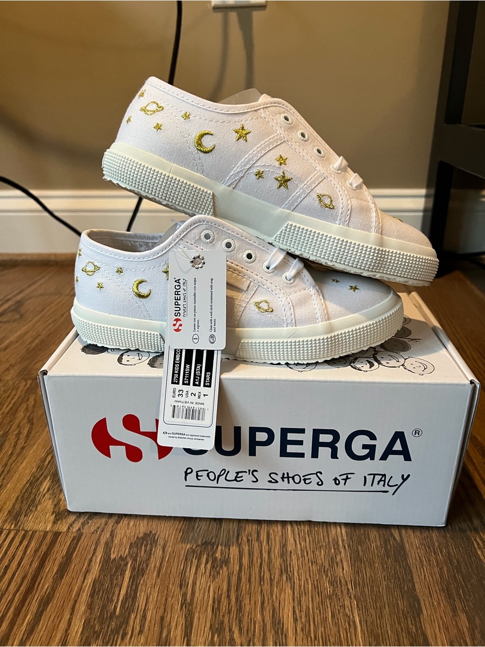 Superga Kids White Canvas Sneakers with Gold Moon & Star Embroidery